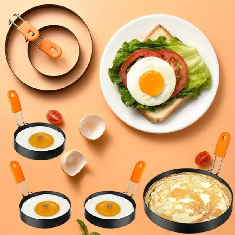 Professional Egg Ring & Pancake Ring Set - Heavy-Duty Non-Stick Breakfast Cookware with Orange Silicone Handle, Round Griddle Shapers for Omelettes, Sandwiches, Pancakes - Even Heating, Easy Flip & Clean, Durable Kitchen for Home & Commercial Use