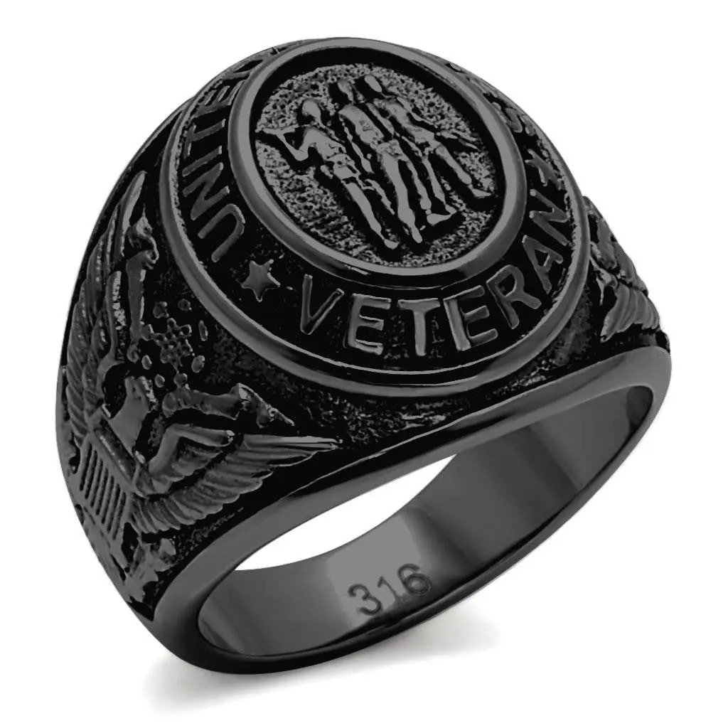 Lanyjewelry Men's Hypoallergenic Black IP Stainless Steel Wide Band Ring - US Military/Veteran Commemorative, Sizes 8-13, Everyday Wear Stainless Steel Jewelry