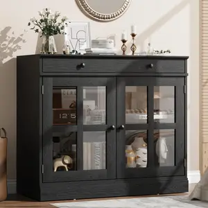 35.4" Sideboard Buffet Cabinets with Glass Door, Buffet Cabinet with Storage, White Sideboard Cabinet with Drawer, for Dining Room, Kitchen，Black