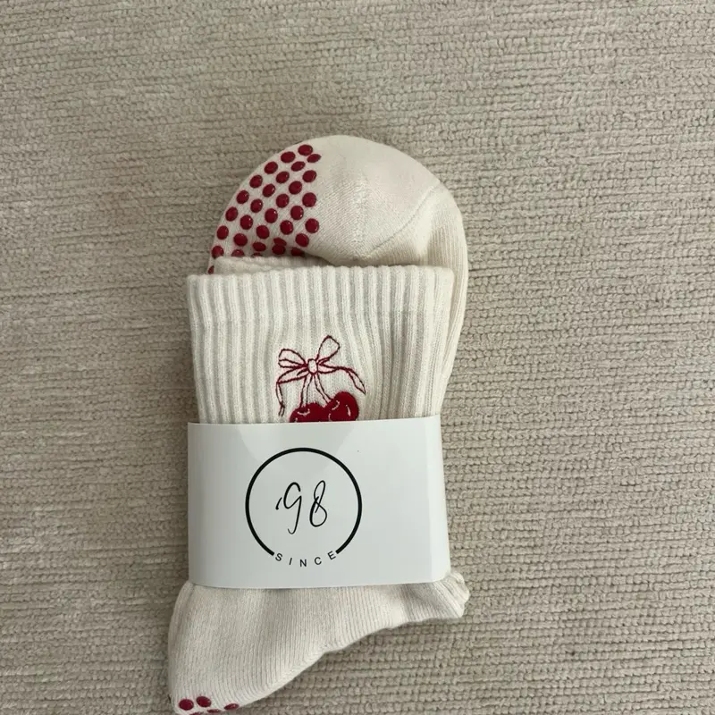Aesthetic cherry red  bow Non-Slip Grip Socks for Pilates and weight lifting (one size)