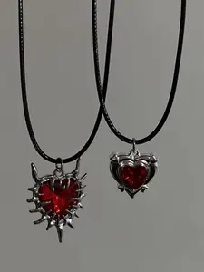 2 Piece Punk Gothic Necklace Set, Heart Pendant Leather Cord, Thorn Heart Necklace, Unisex, Mother's Day Gift, Graduation Gift, Party Gift