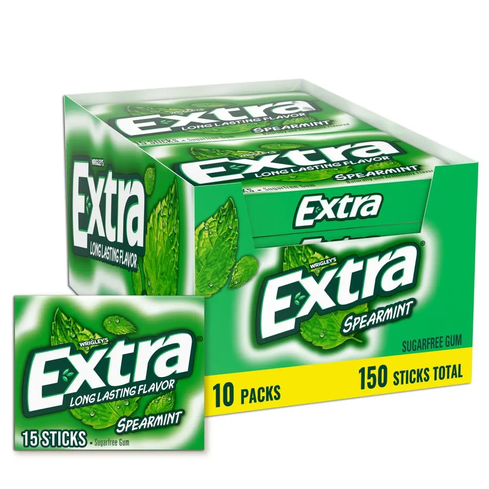 Extra Spearmint Sugarfree Gum Bulk 15 Count Sticks Pack of 10 Individually Wrapped for Fresh Breath at School Work & Travel Snack