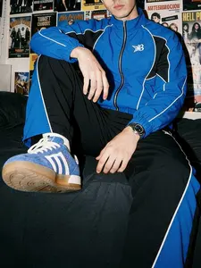 Men's Vintage Sportswear Two-Piece Set, Stand Collar Jacket and Sports Pants, Blue Block Design, Ideal for Sports, Outdoor, Casual Wear