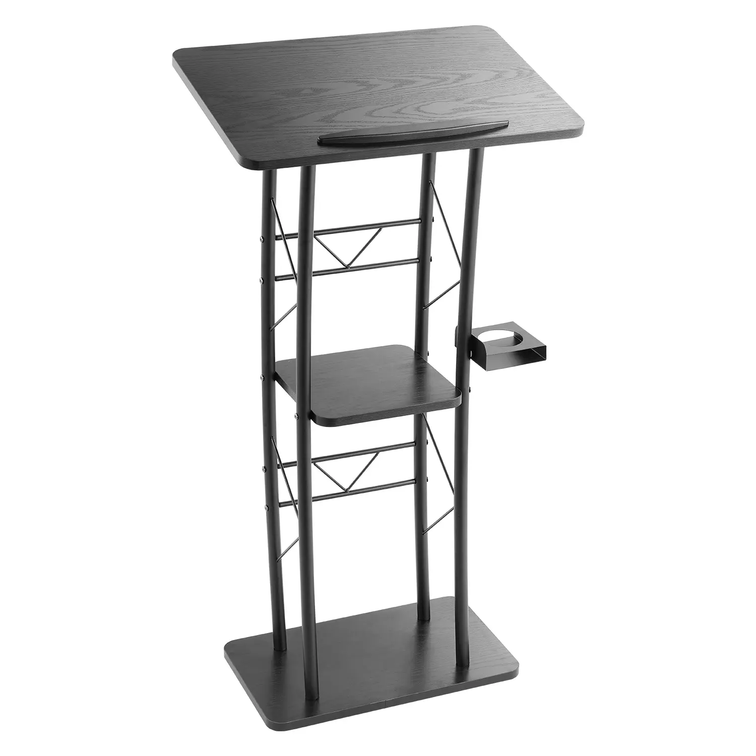 【Summerfinds】VEVOR Neutral Style Sturdy MDF & PVC Ergonomic Metal Podium Stand - 47-in Curved Lectern with Wide Reading Surface, Open Storage Side Rack, Book Stopper, Cup Holder, for Teaching Classroom, Conference (Office Desk Organizer Accessory), 23.43