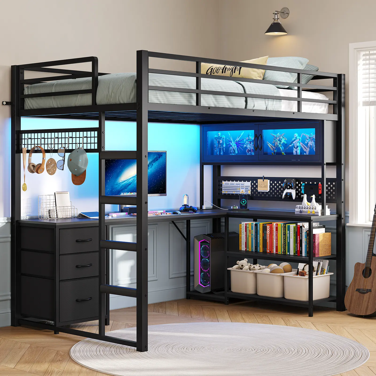 ADORNEVE Twin Bed Frame Combo - Modern Metal Frame Gaming Loft Bed with L-Shaped Desk, Storage Drawers, Acrylic Hutch, Wide Ladder, Safety Power Outlet, LED Lighting Bedroom Feature, Metal Frame Bed