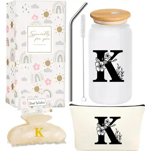 Monogrammed Initial Glass Cup Personalized Gifts for Women 16oz Initial Letter Glass Cups w/ Straws Birthday Valentine Mothers Day  for Her, K