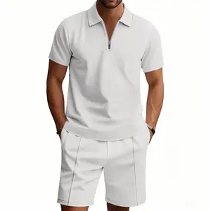 Men's 2-Piece Loose-Fit Collared Shortsleeve T-Shirt & Waffle Fruit-Themed Pants Set - Polyester Fabric, Versatile Casual Menswear Essential