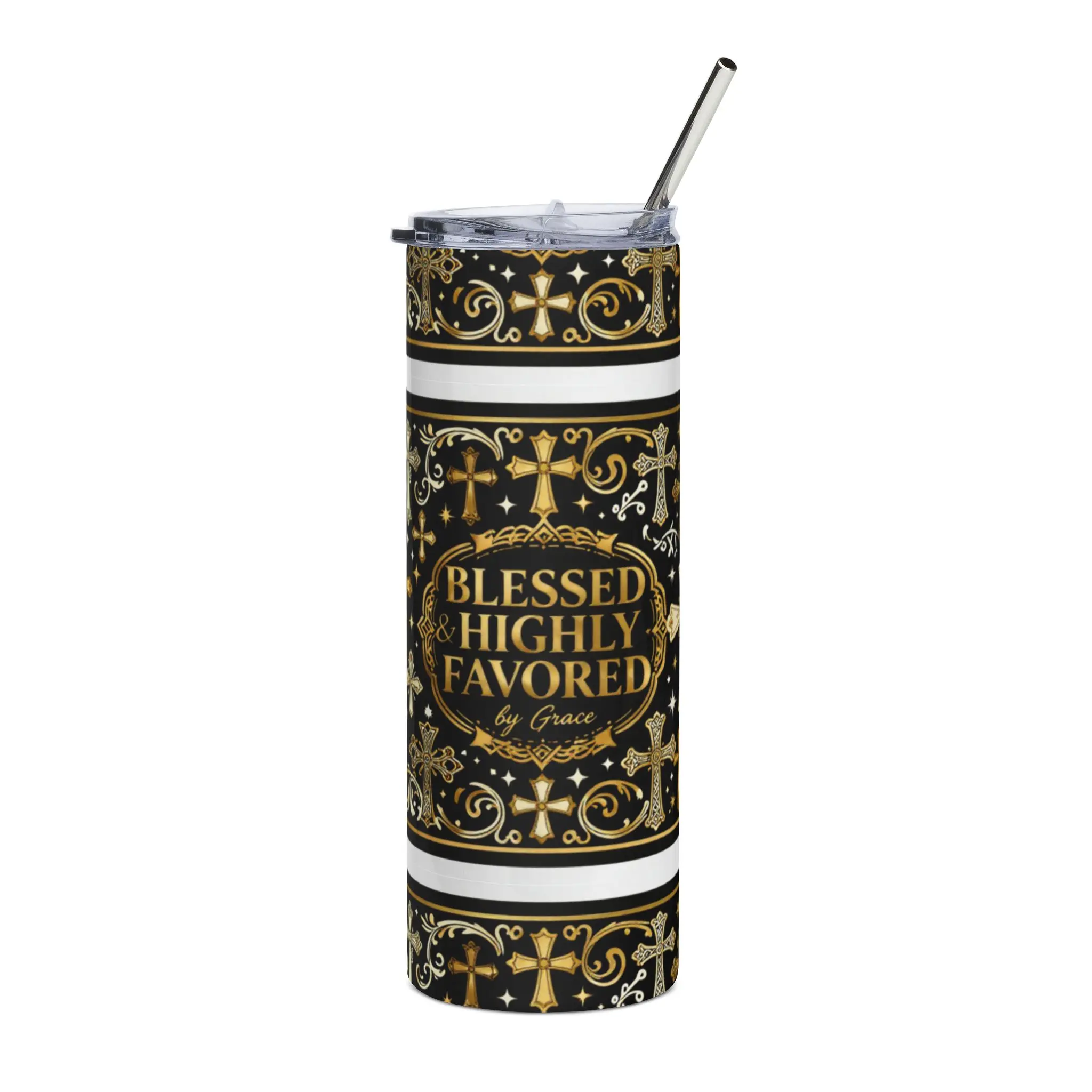 Christian Tumbler 20oz Stainless Steel | Blessed and Highly Favored Gold Cross Travel Mug | Faith Gift