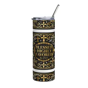 Christian Tumbler 20oz Stainless Steel | Blessed and Highly Favored Gold Cross Travel Mug | Faith Gift
