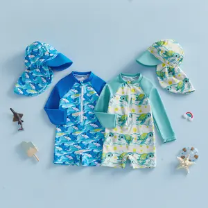 Toddler Baby Boy Swimsuit with Hat Cartoon Shark/Turtle Long Sleeve Rash Guard Zip-up Bathing Suit for Beach Pool