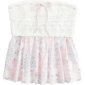 Women Floral Print Strapless Crochet Babydoll Top Cute Sleeveless Bandeau Tube Flowy Going Out Peplum Tops