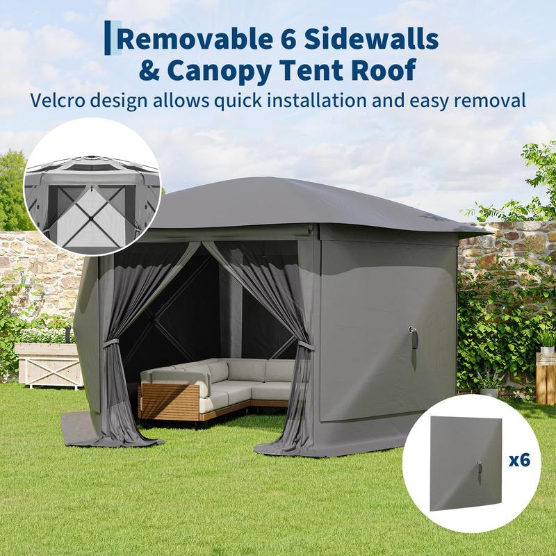 Pop Up Gazebo Screen Tent 11x11 ft with Removable Canopy Top – Quick-Set 6-Sided Bite-Proof Sun Shade Tent, All-Weather Outdoor Canopy Shelter for Camping, Backyard, and Patio,Grey