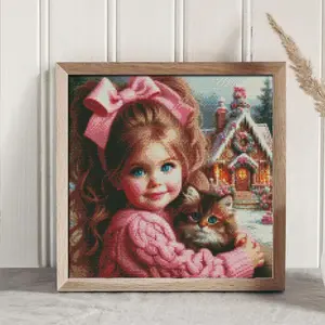 Girl & Cat Pattern Cross Stitch Kit, 11CT Cross Stitch Printed Canvas, DIY Cross Stitch Kit for Beginners, Handmade Gift