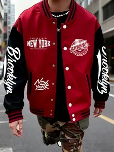 Trendy Brooklyn Pattern Baseball Jacket, Colorblock Sleeves, Perfect for Travel, Sports, Parties, Casual Outerwear for All Seasons
