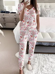 Women's Cartoon Animal Print Tee & Pants Pajama Two-piece Set, Casual Comfy V Neck Short Sleeve T-shirt & Trousers Pajama Set, Ladies Sleepwear for All Seasons, Womenswear Pyjamas