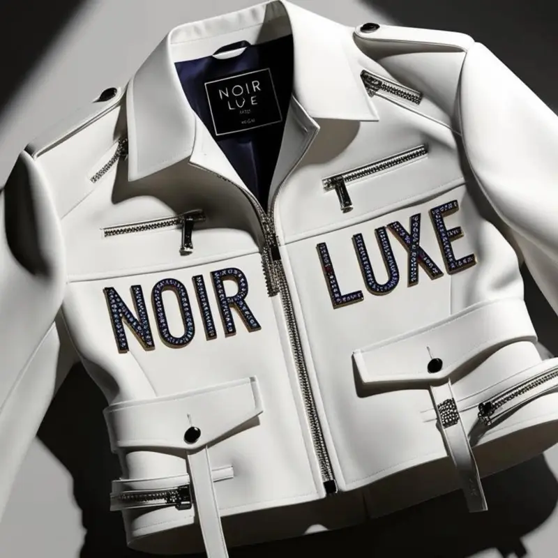 Noir luxe white leather jacket key diamond encrusted