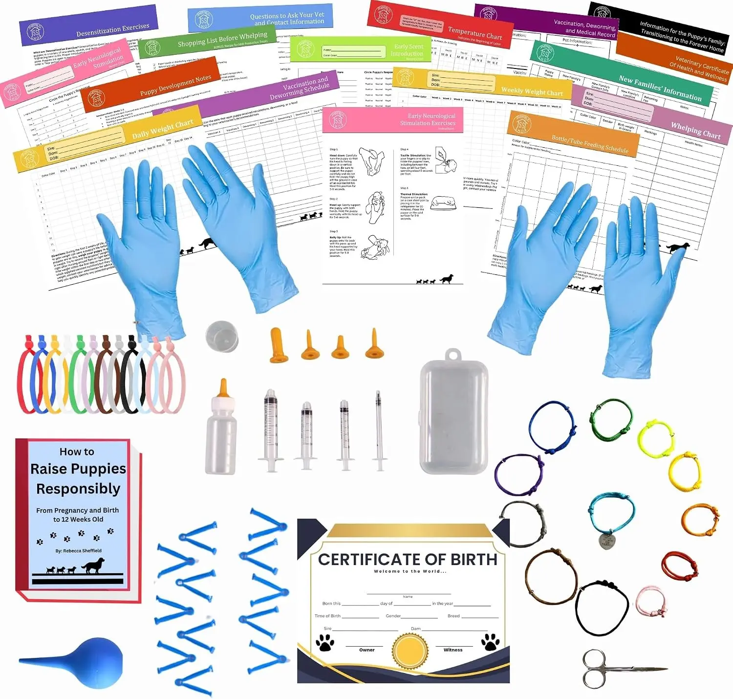 64 Piece Puppy Whelping Kit for Pregnant Dog Birth Newborn Puppy Birthing Supplies Including Litter Collars and Nursing Bottles