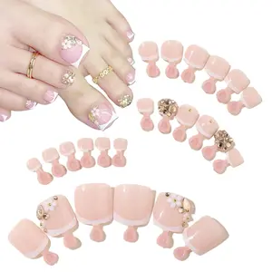 24 Pcs Short Square Press on Toenails, White French Pink Fake Toe Nails with Summer 3D Flower Rhinestone Charms, Full Cover Acrylic Glue on Toe Nail Tips Kit for Women