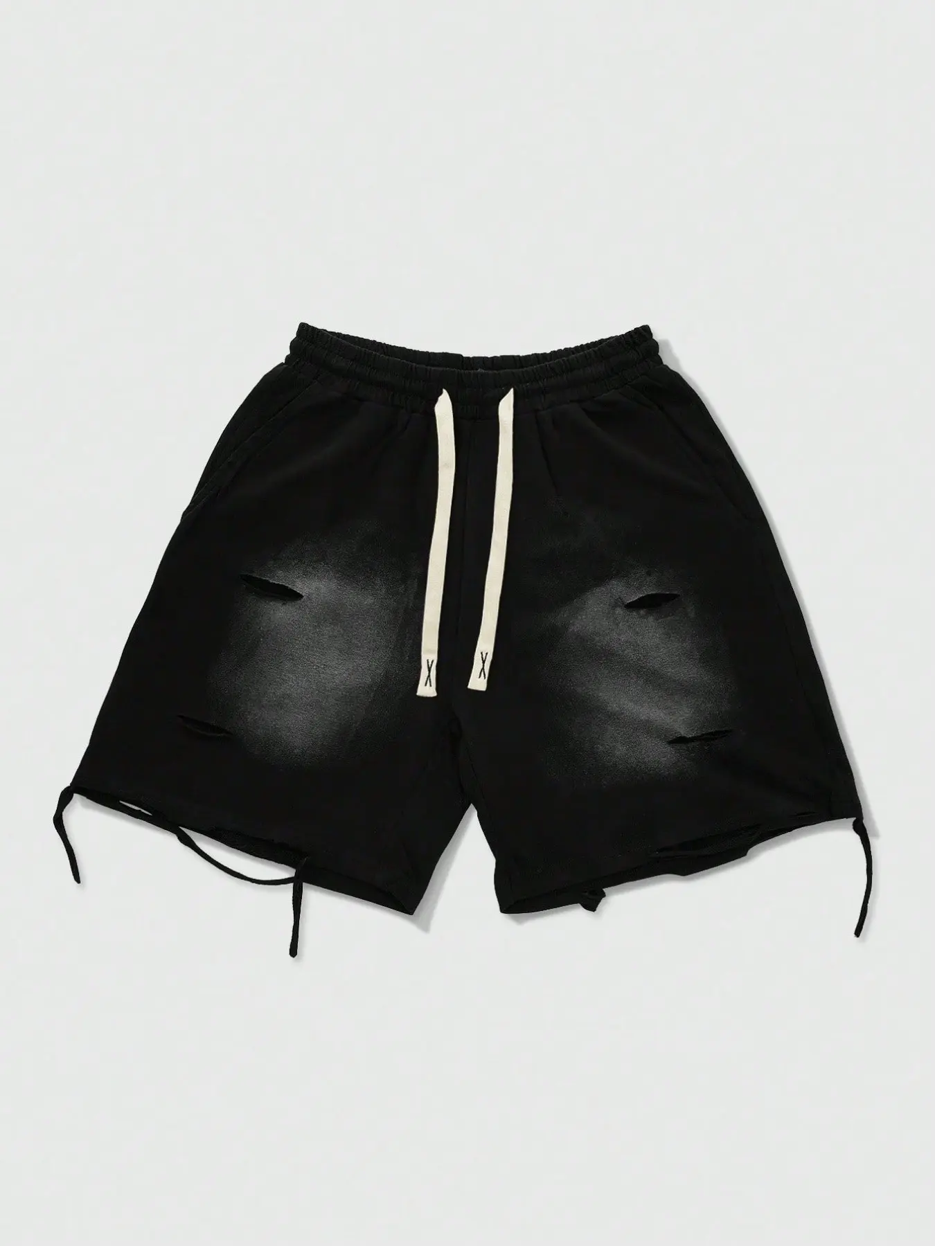 Men's Loose Trendy High Street Style Faded Distressed Shorts, Washed Texture Details, Comfortable Wide Fit, Casual Dark Fashion Bottoms, Casual Ripped Shorts