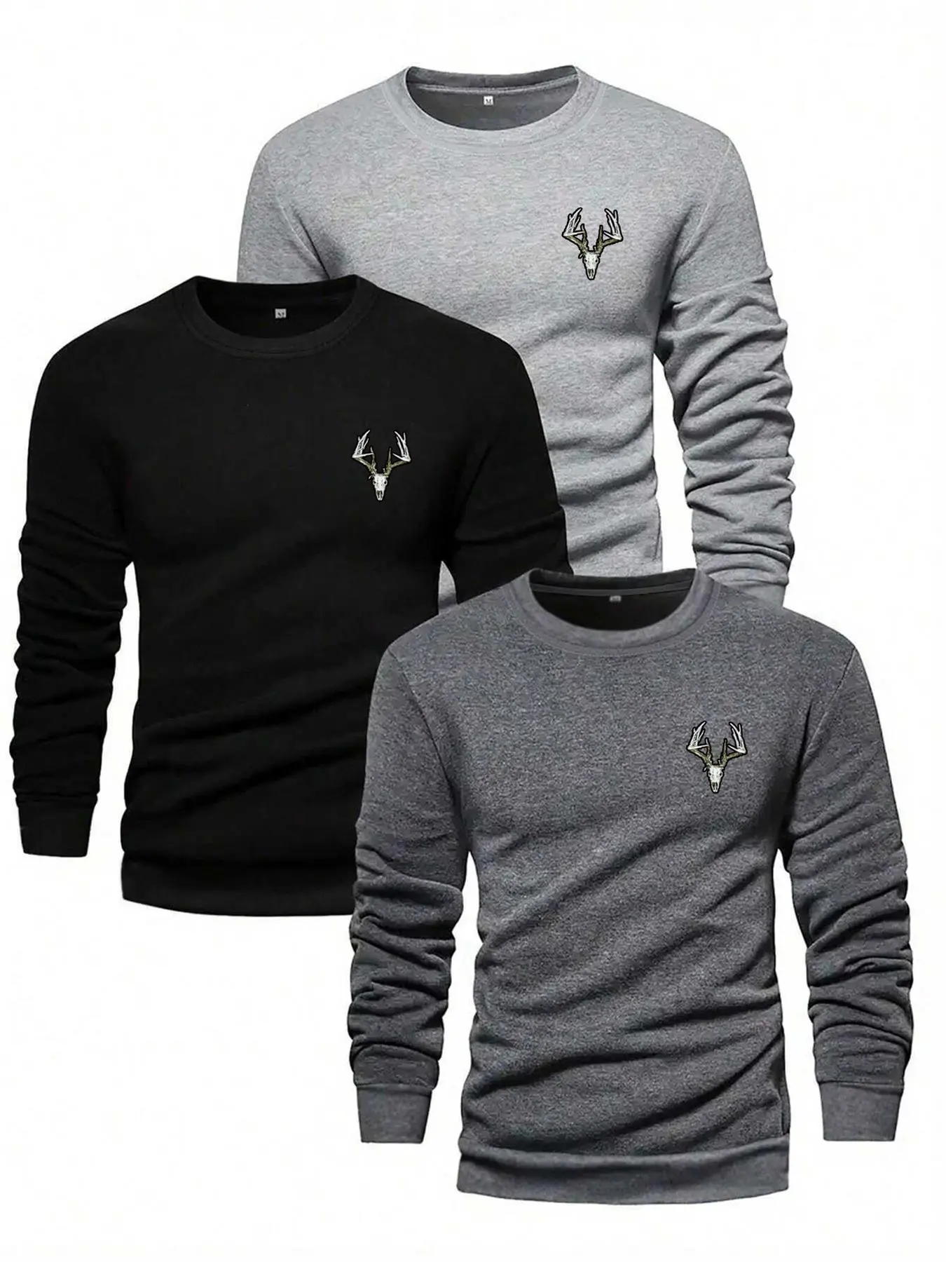 Men's Casual Deer Head Print Knit Crew Neck Long Sleeve Fitted T-Shirt, Stylish Color Block Tee for Autumn Season, Trendy Men's Apparel Menswear Tops