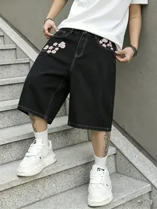 Men's Summer New Arrival Fashion Floral Embroidered Washed Denim Shorts, Casual Versatile Trendy Knee-Length Denim Shorts for Men, Floral Embroidery Shorts