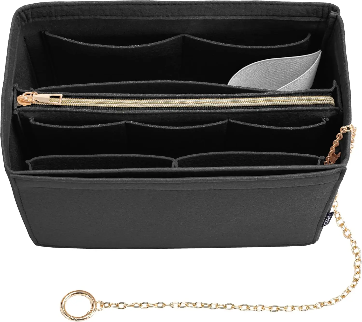 Purse Organizer Insert, Handbag Organizer with Zipper, Tote Shaper with Cup Holder & Keychain, Compatible with LV, Neverfull, MK, COACH, Longchamp, Kate Spade – Black-Lg