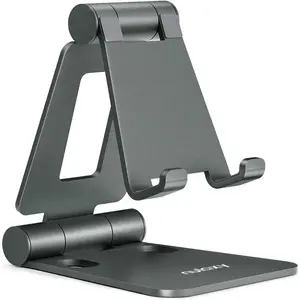 Dual Folding Cell Phone Stand, Fully Adjustable Foldable Desktop Phone Holder Cradle Dock Compatible with Phone 16 15 14 13 12 11 Pro Xs Xs Max Xr X 8,  , All Phones - Gray