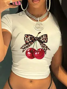 Women's Slim Fit Short Sleeve T-Shirt, Cherry Bowknot Print, Comfortable Soft Fabric, Navel Exposed Design, Casual Fashion Top
