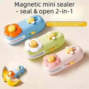Mini and cute rechargeable sealing machine, multifunctional and portable, for preserving and sealing snacks with magnetic closure.