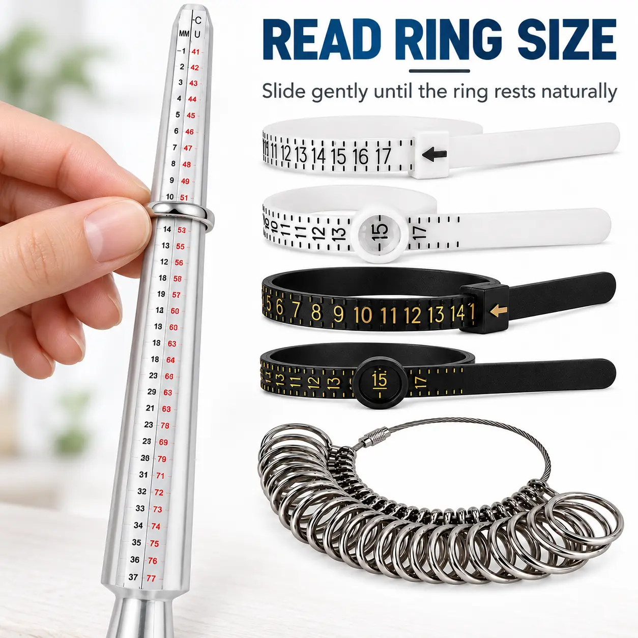 TOOLTOS Ring Sizing Kit with Ring Mandrel, Metal Ring Gauge & Adjustable Finger Sizer Belts, Jewelry Measuring Tools for Ring Making & Repair