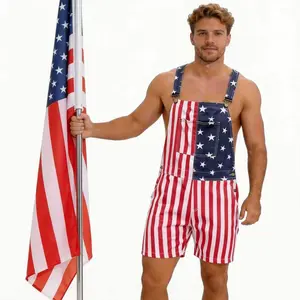 USA Flag Sleeveless Overalls Shorts for Couples 4th of July Memorial Day Coveralls Stretch Denim Loose Fit Romper for Father's Day BBQ Picnics Beach Vacation Camping Trips Patriotic Gift