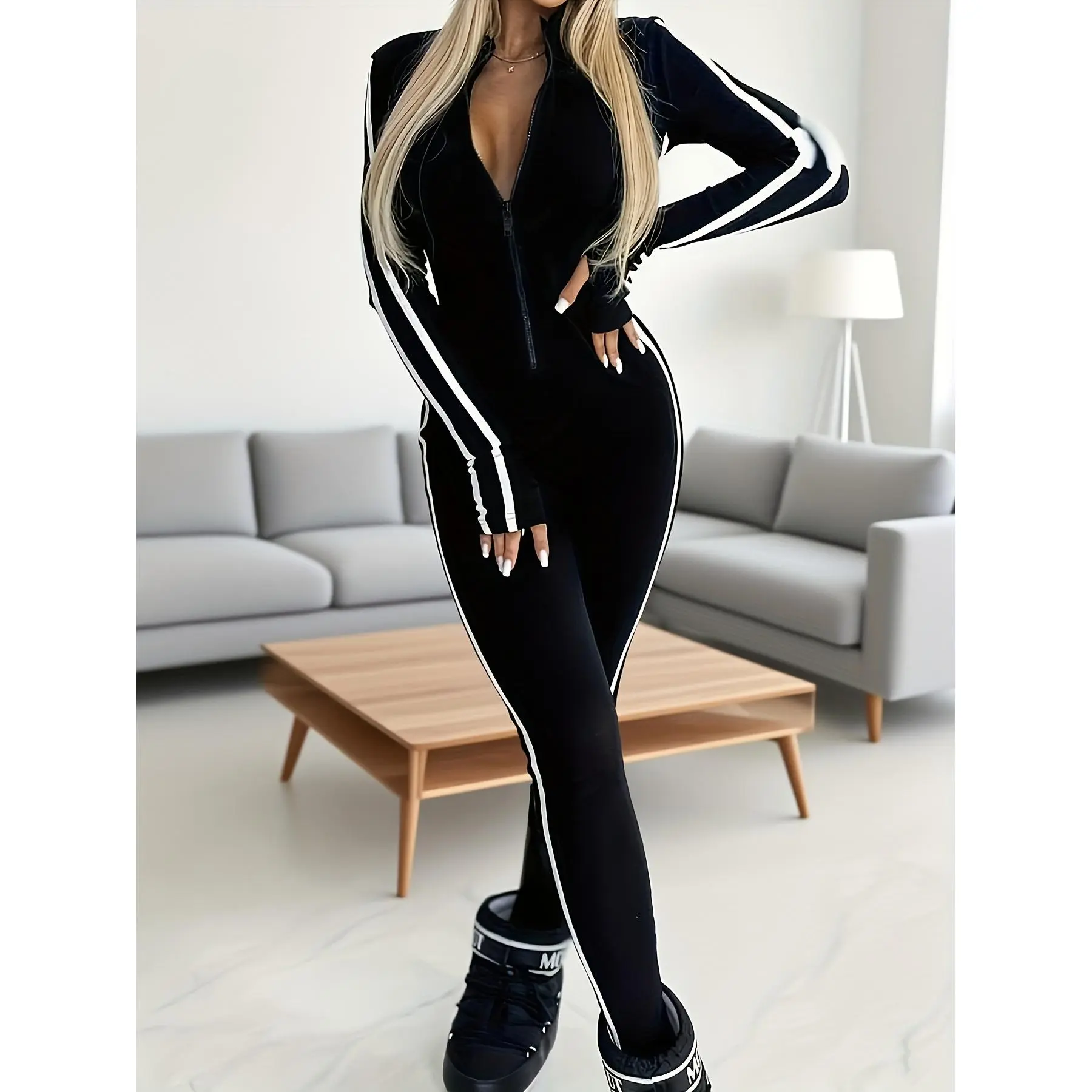 ChromaChic LEE Womens Chic Black White Jumpsuit Slim Fit Zipper Front Stand Up Collar Easy to Wear Outfit for Parties Office Everyday Spring Fall Attire outfit casual fabric
