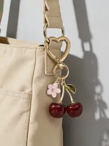 Realistic Cherry & Flower Keychain, Trendy Cute Keychain, Floral Pattern Keychain for Women, Sparkling Cute Fruit Bag Charm, Casual Style Gift Accessory, Decorative Key Holder