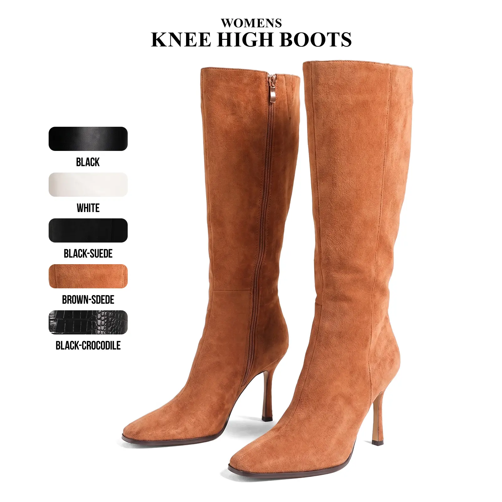 CYNLLIO Womens Knee High Boots Square Toe Stiletto High Heel Tall Boots Side Zipper Long Boots Slip on Comfortable Casual Office Dress Fall Shoes