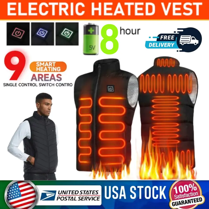 Men's USB Electric Heating Crewneck Waistcoat - 9-Zone Warm Menswear Top, Plug-Powered Cloth Jacket (Power Bank Not Included), Tops, Round Neck, Polyester, Fashion, Plain, Foldable, Heated Vest