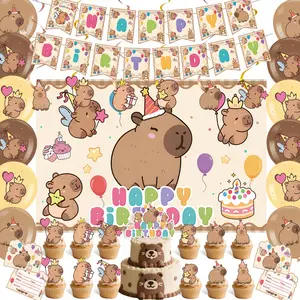 Capybara Birthday Party Decorations Set, Cute Cartoon Baby Shower Supplies, Includes Banner, Hanging Swirls, Cupcake Wrappers, Tablecloth, Party Event Props