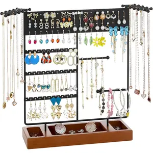 Earring Holder, Ear Stud Organizer with Wooden Tray,Earring Display Stand with 360° Rotating Necklace Holder,Jewelry Organizer Stand for Earrings Bracelets Watches and Rings,Black Racks