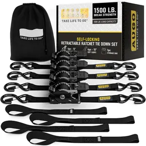 Self-Locking Retractable Ratchet Straps | 4 Heavy Duty Self-Tensioning Retractable Tie Down Straps with Soft Loops & Storage Bag | for , , Cargo | 1500Lb Break Strength 1" x 12'