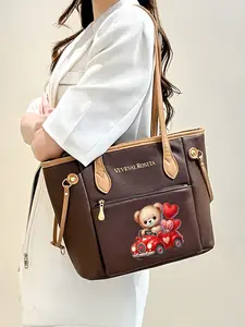 Strawberry Bear driving a red heart-shaped car tote bag/shoulder bag, large capacity, suitable for commuting, travel, and shopping, perfect gift.