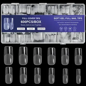 600 PCS  Square Nail Tips Soft Clear Nail Tips 12 Sizes Acrylic Medium Square Press on Nails Tapered Square False Nails for Home DIY Nail Salon