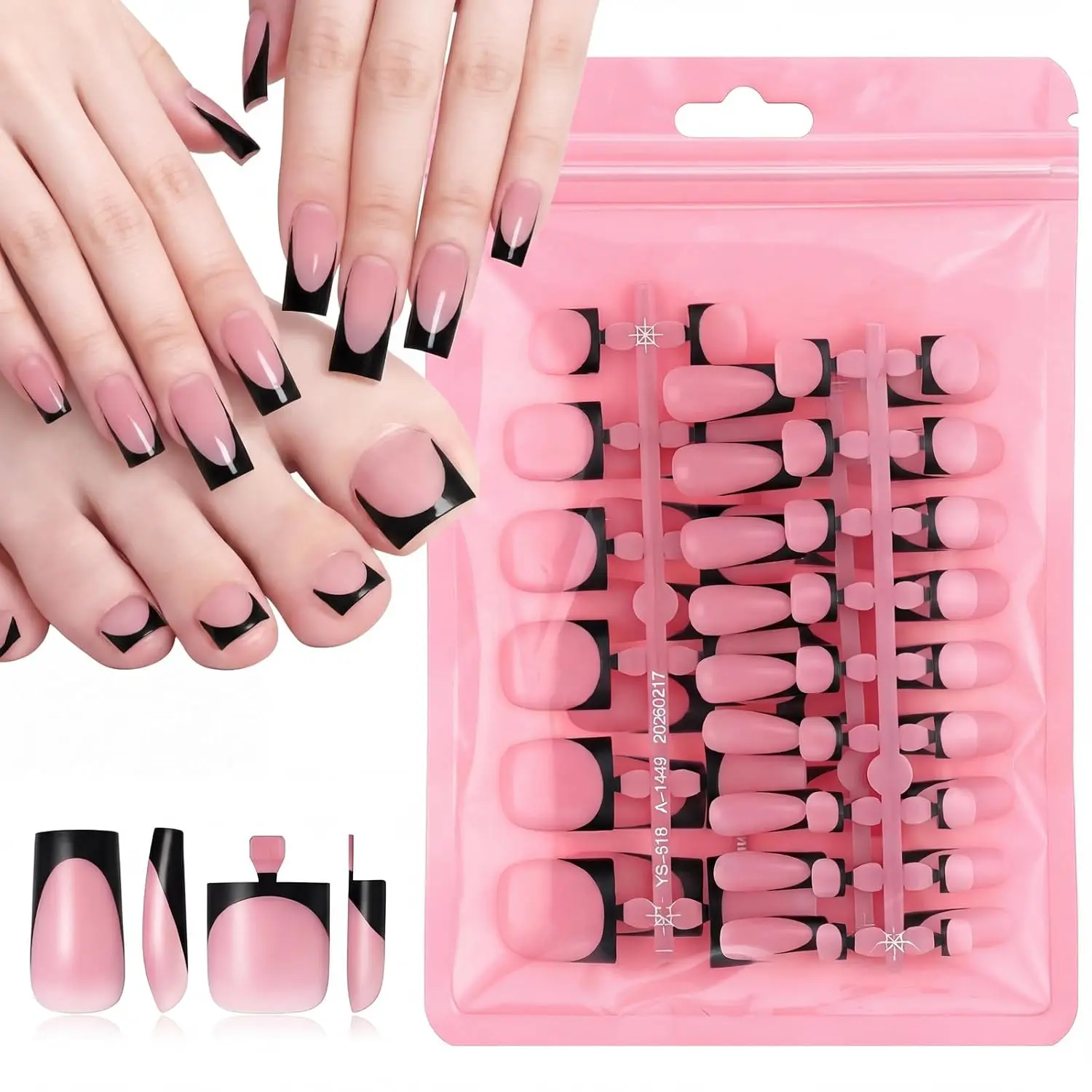 60 Pcs Black French Tip Press on Toe Nails, Medium Square Fake Toenails, Black Full Cover Toe Nail Press On, Glue on Acrylic Full Cover False Nail for Women Manicure