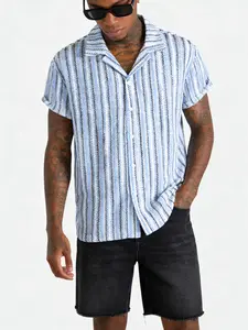 Men's Stretch Knit Jacquard Striped Short Sleeve Shirt, Casual Button Down with Classic Collar, Perfect for Summer and Daily Wear, Top