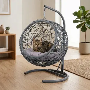 ARCH Cat Swing Bed with Stand & Cushion, Hanging Egg Chair Hammock for Indoor Cats, Small Dogs, Small Animals, Rattan Wicker Style, Gray, Sturdy Metal Frame, Easy Clean, Machine Washable Cushion, Pet Furniture for Living Room Bedroom