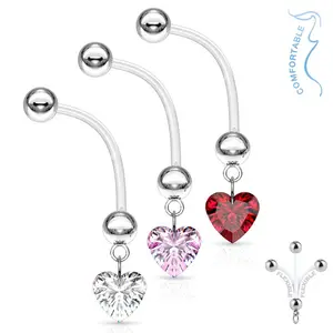 Statement Gold Heart Gem Dangle Bio Flex Pregnancy Belly Ring for Navel Piercing, Belly Rings for Women, Belly Piercings