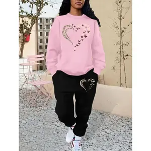 Women's Butterfly Heart Print Sweatshirt & Pocket Sweatpants Set, Casual Round Neck Long Sleeve Pullover & Jogger Pants, Women's Fall & Winter Outfits