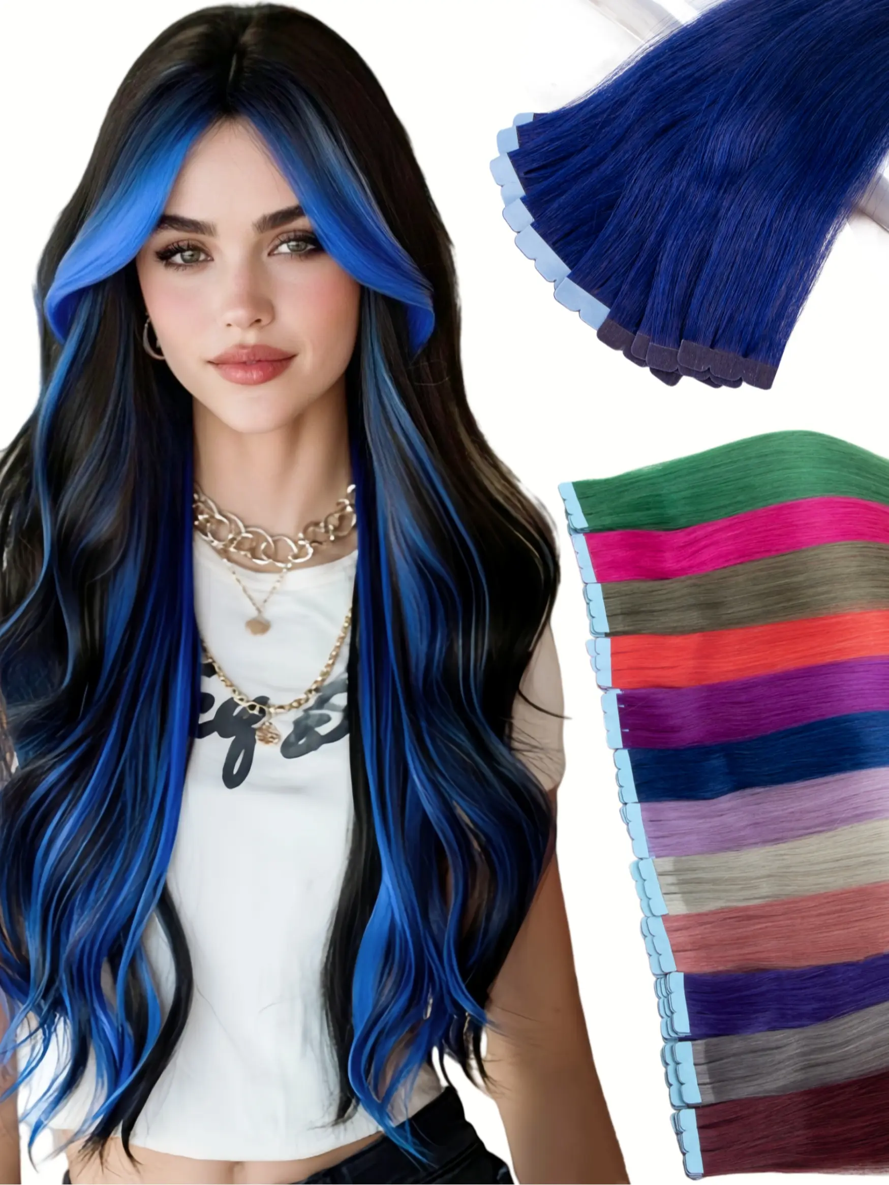 Stunning Highlights Human Hair Extensions, 10pcs Mini Tape in Hairpiece, Quick Change, Long Straight Hair for Women, Multiple Colors Available, Human Hair Pieces