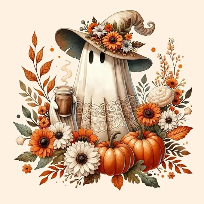 5D Diamond Painting Kit Cottage Fall Ghost With Witch Hat Coffee Cup Pumpkin Sunflower Daisy Autumn Leaf Neutral Halloween Floral Crystal Rhinestone Wall Decor Gift