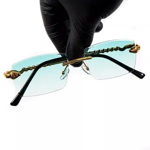 Mens Turquoise Gradient Tint Rimless Gold Frame Hip Hop Sunglasses