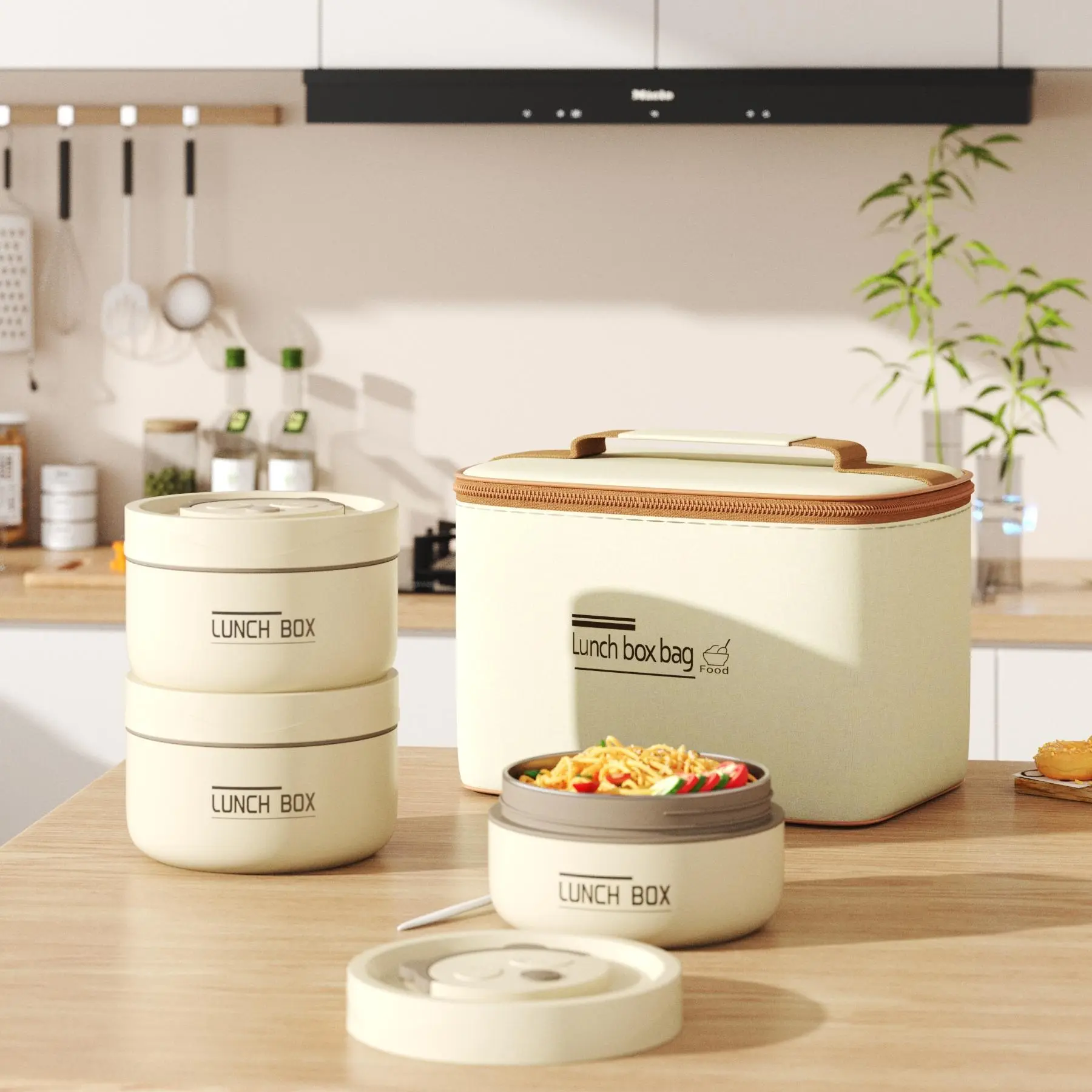 4 Pcs Insulated Bento Box Portable Stainless Steel Food Container Round Microwave Safe Stackable Leakproof Thermal Food Container for Adult Men Women with Insulated Bag(Beige) lunch  box mom  running  lunchbox bentgo box