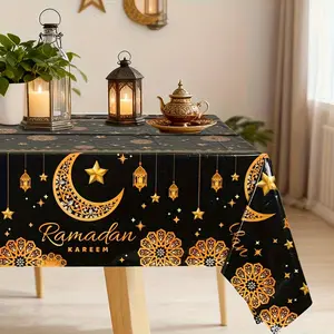 1pc,Ramadan Kareem Tablecloth,18inch,Black Golden Moon Star Flower Lantern Pattern Disposable Plastic Tablecover,Ramadan Mubarak Supplies,Ramadan Decoration for Home,Islamic Muslim Table Decor,Eid Al-Fitr Gifts,Eid Mubarak Tablecovers